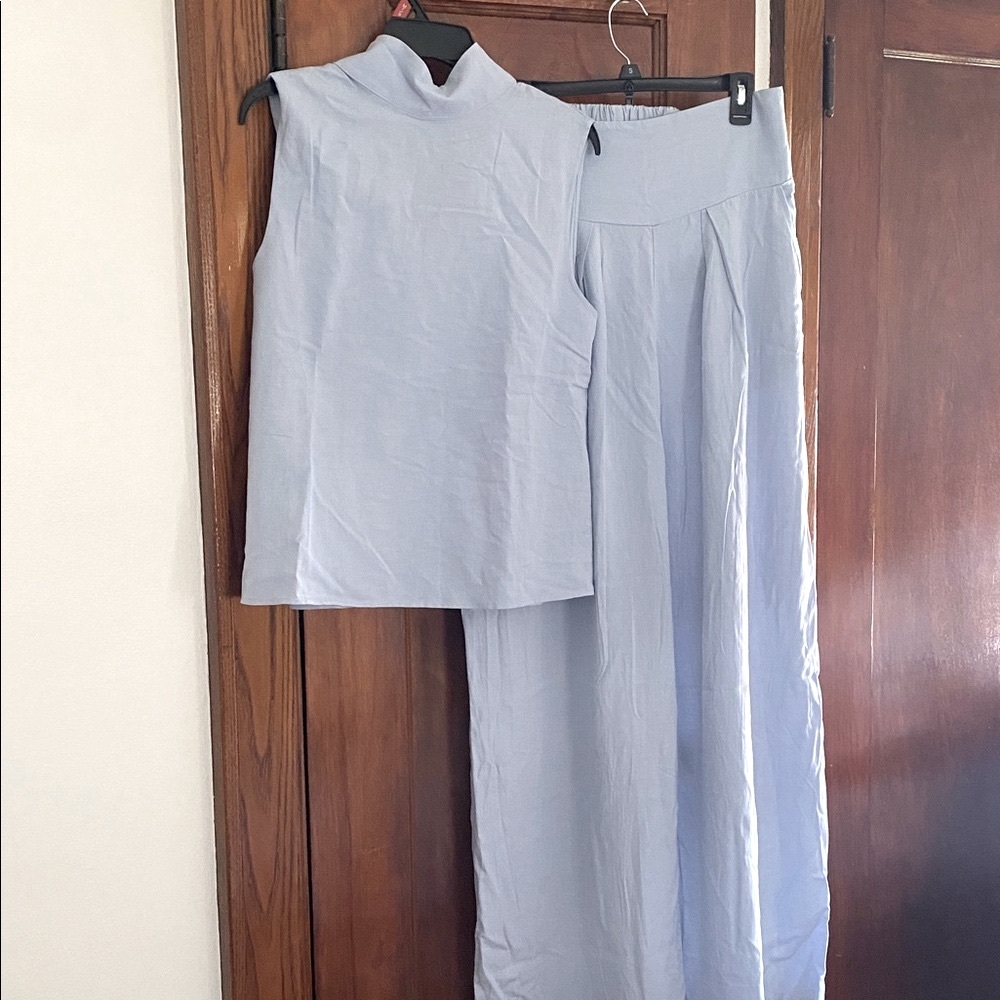 Women's Minimalist Cotton And Linen Blend Sleeveless Blouse And Wide-leg Pants L - Picture 2 of 3